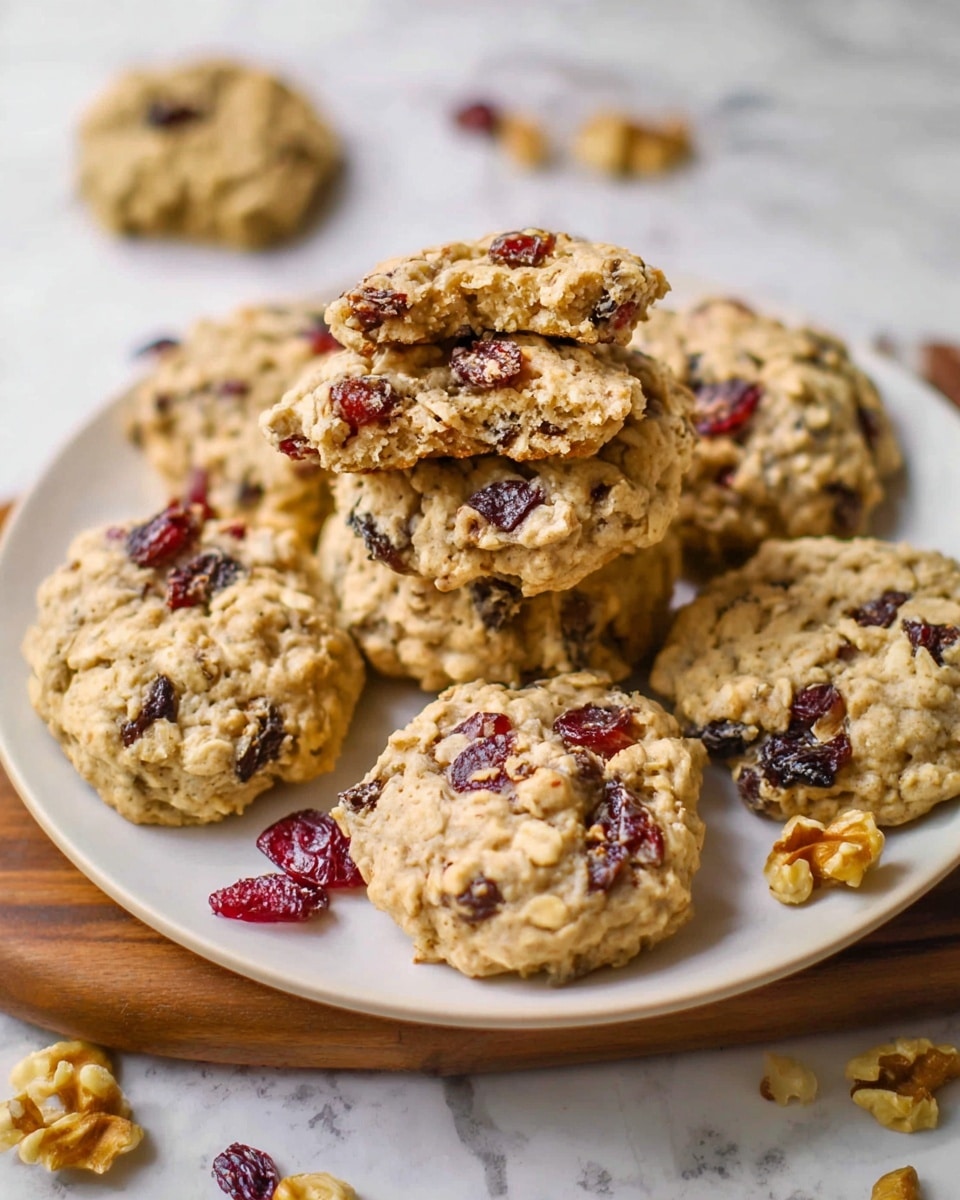A white plate holds a stack of round oatmeal cookies studded with dark brown chunks and red dried fruit pieces. One cookie on top is broken in half, showing a soft, dense inner texture with the same dark chunks and red bits inside. Around the plate, there are scattered walnut pieces adding a light brown color contrast. The plate sits on a white marbled surface, creating a clean, bright background. photo taken with an iphone --ar 4:5 --v 7