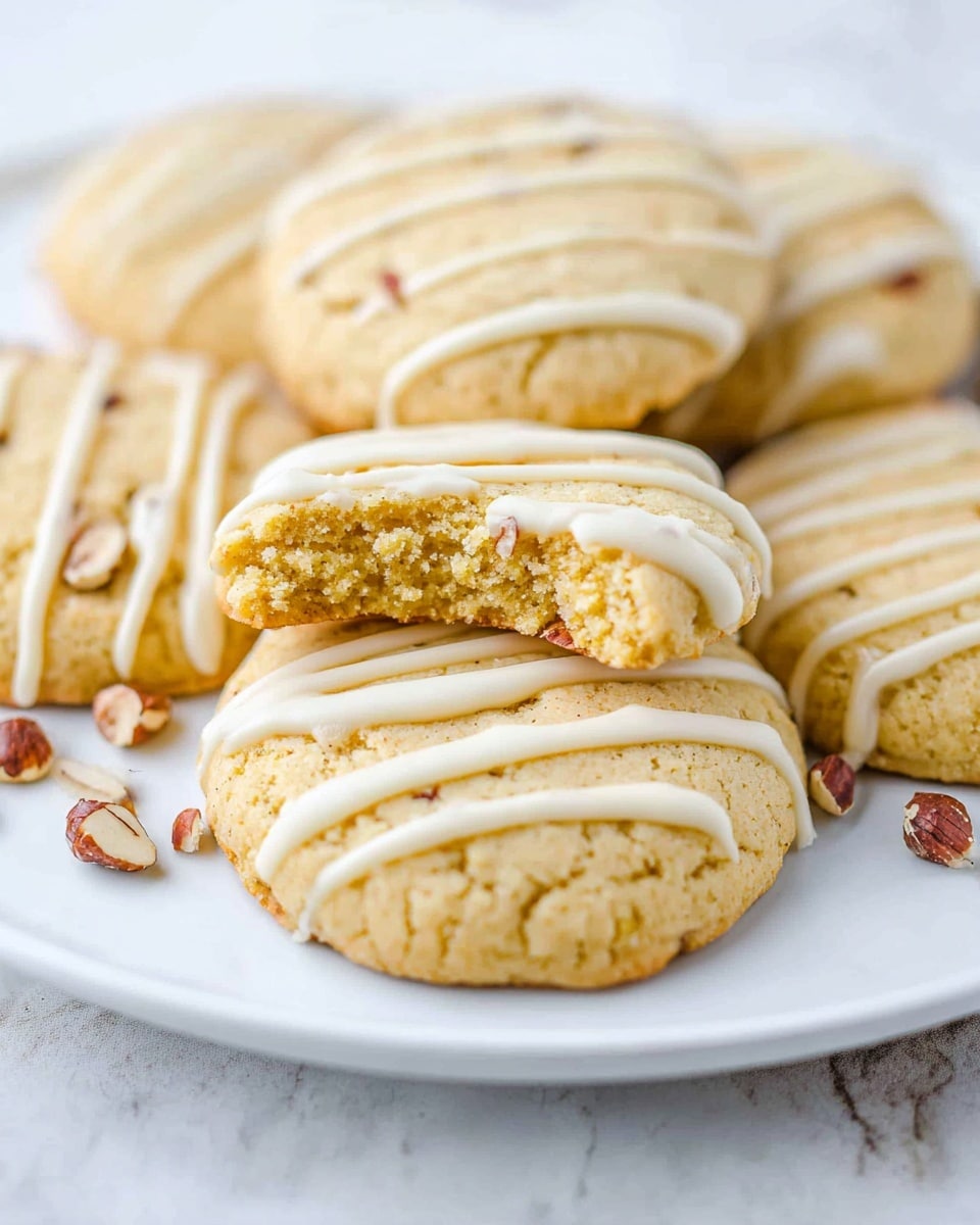 A white plate holds several light golden cookies arranged in a neat row. Each cookie has a soft, crumbly texture with a smooth top, decorated with thin, creamy white icing drizzled in even stripes across the surface. One cookie is on top of another, showing a close-up of its inside with a bite taken, revealing a dense and slightly grainy crumb. Small brown nuts are scattered around the cookies on the plate, adding a touch of contrast against the white background and golden cookies. The plate sits on a white marbled surface. photo taken with an iphone --ar 4:5 --v 7