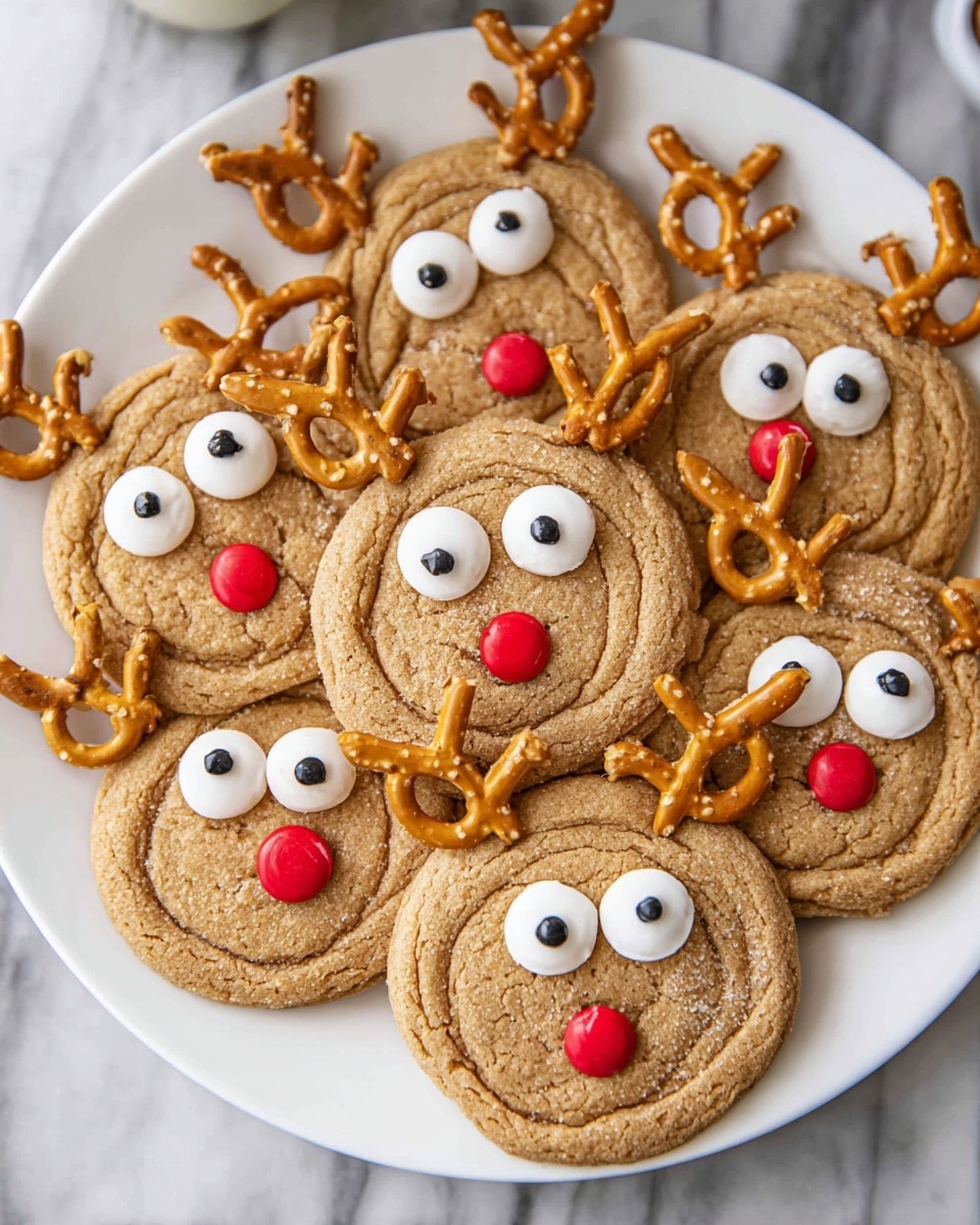 The image shows a white plate filled with round, light brown cookies decorated like reindeer faces. Each cookie has two small, golden pretzels placed at the top edges as antlers, two round white candy eyes with black centers near the top middle, and a small red candy at the center bottom representing the nose. The cookies have a slightly cracked texture and sit closely together on a white marbled surface. Photo taken with an iphone --ar 4:5 --v 7