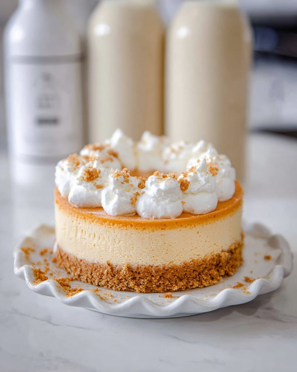 A small round cake with three visible layers sits on a white scalloped plate placed on a white marbled surface. The bottom layer is a crumbly light brown crust, the middle layer is a smooth pale orange filling, and the top layer is white cream with dollops of whipped cream around the edge. Small crumbs of brown topping are scattered over the whipped cream dollops and the plate. In the blurred background, there are two white bottles with beige labels. photo taken with an iphone --ar 4:5 --v 7