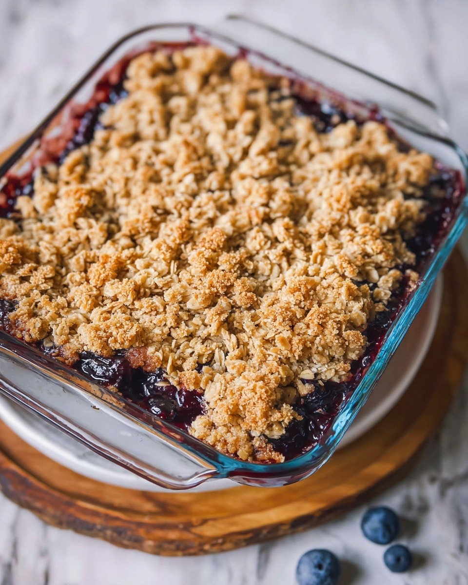 The image shows a clear square glass baking dish holding a two-layer dessert. The bottom layer is a thick dark purple fruit filling, visible around the edges and slightly bubbling. The top layer is a chunky oat crumble, golden brown with a rough texture, covering the fruit filling completely. The dish is placed on a round white plate with a wood textured rim, resting on a white marbled surface. A few blueberries scatter near the plate, adding some color contrast to the scene. Photo taken with an iphone --ar 4:5 --v 7