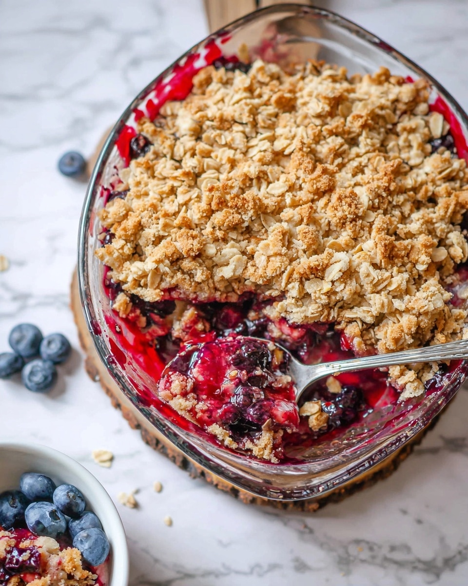 The image shows a clear glass baking dish filled with a fruit crumble that has two main layers. The top layer is a golden-brown oat crumble with visible large flakes, covering most of the dish in a rough, crumbly texture. The bottom layer is a mix of dark purple and red fruit filling that looks juicy and syrupy, spilling slightly at one corner where a spoon is partially submerged in the crumble, scooping some out. Around the dish, there are a few fresh blueberries placed on a white marbled surface and a white bowl partly visible at the bottom left, containing some of the fruit crumble food. The photo is taken with an iphone --ar 4:5 --v 7