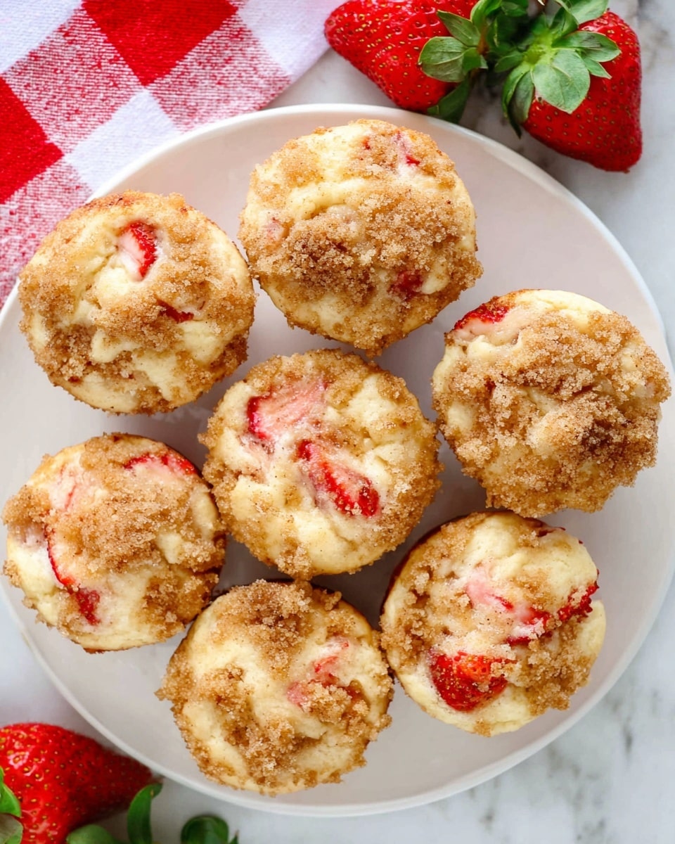 Seven muffins with a crumbly light brown sugar topping are arranged close together on a white plate, each muffin showing bits of bright red strawberries mixed into a creamy light yellow cake base. The muffins are slightly golden on the edges with some uneven texture from the crumb topping. Around the plate, there are fresh strawberries with green leaves visible on a white marbled surface, along with a red and white checkered cloth partly seen at the top left corner. The overall look is fresh and inviting, showing the soft and crumbly textures clearly photo taken with an iphone --ar 4:5 --v 7