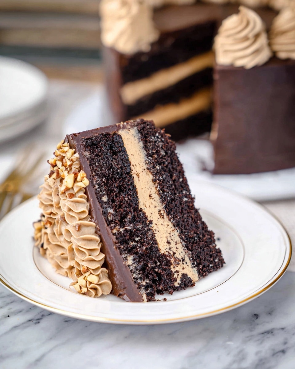 A slice of three-layer dark chocolate cake sits on a white plate with a gold rim, showing alternating thick layers of rich dark chocolate cake and light brown creamy frosting. The outside of the cake is covered in smooth dark chocolate frosting. On one side of the plate, there is a swirl of light brown frosting decorated with small nut pieces. In the blurred background, part of the whole cake is visible with matching frosting swirls on top. The setting features a white marbled surface. Photo taken with an iphone --ar 4:5 --v 7