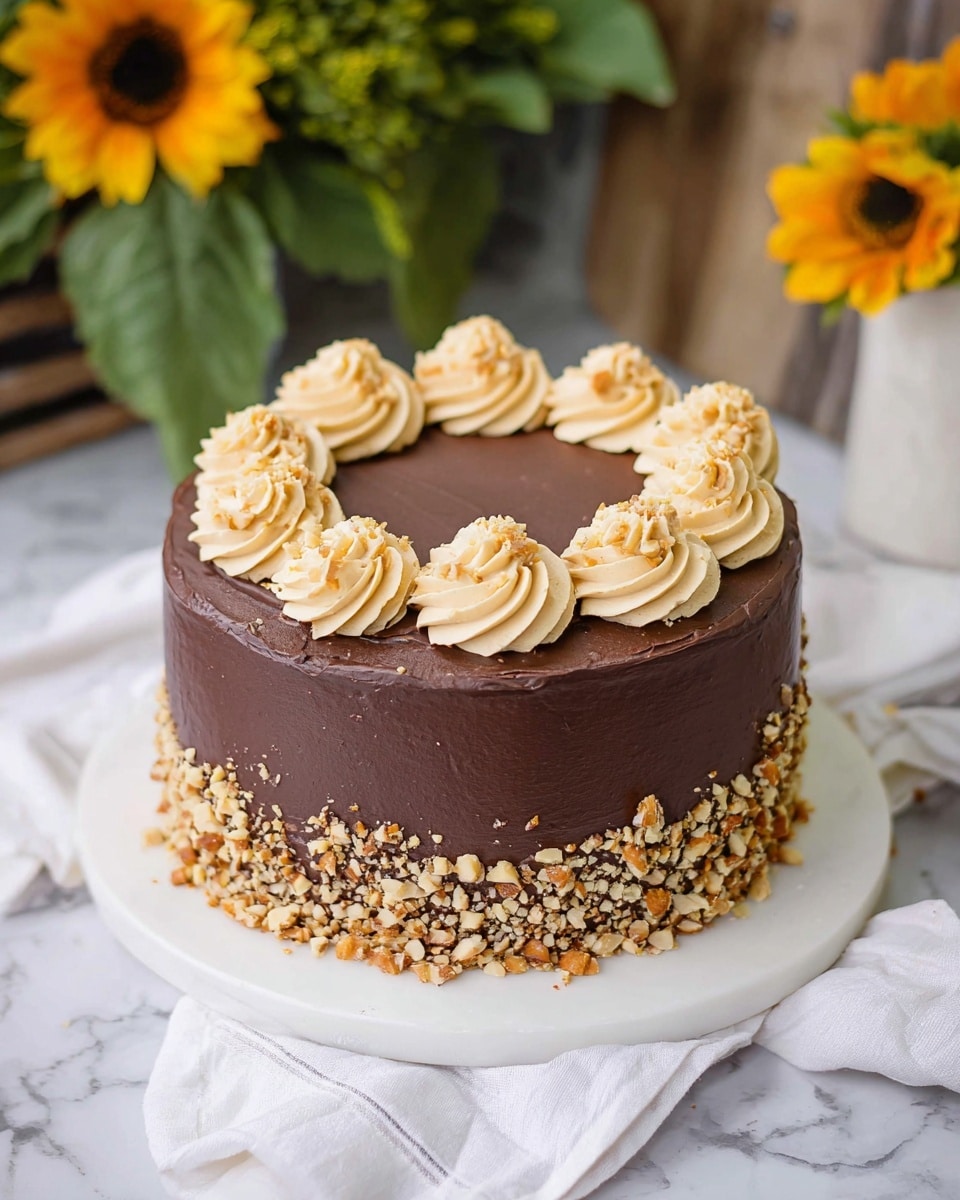 The image shows a round cake with two visible layers covered in smooth dark brown chocolate frosting. On the top, there are eight swirls of light beige cream arranged evenly in a circle near the edge. The base of the cake is decorated with a border of chopped nuts that add texture and a mix of light brown and tan colors. The cake sits on a white plate, placed on a white marbled surface with a white cloth draped around it. In the background, there are blurred green plants and yellow sunflowers adding a soft natural touch. Photo taken with an iphone --ar 4:5 --v 7