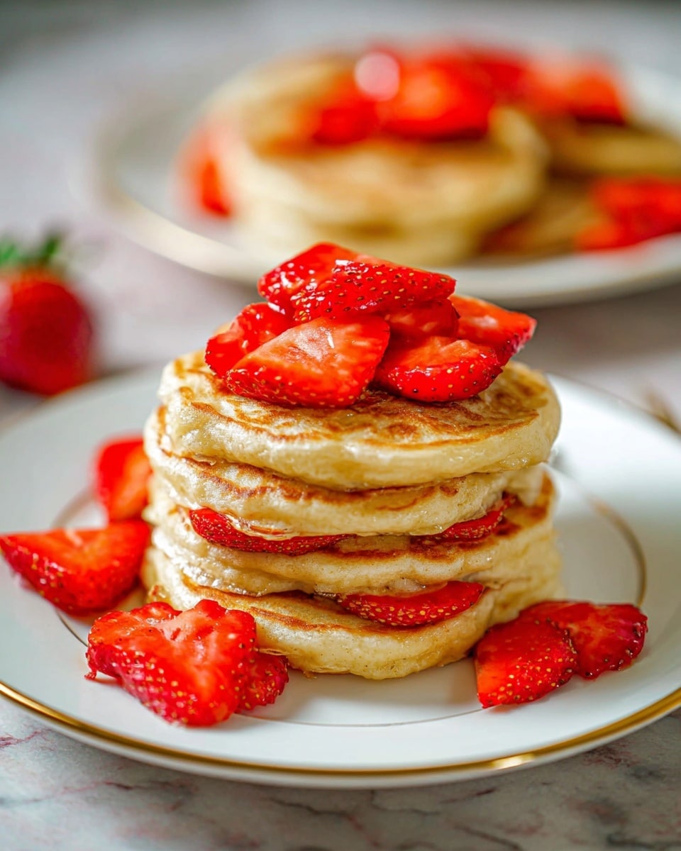 A stack of four golden-brown pancakes sits on a white plate with a thin gold rim, layered with bright red sliced strawberries between each pancake. More strawberry slices decorate the top and base of the stack, with a few scattered around the plate. The background shows an out-of-focus white plate holding more strawberry-covered pancakes, all set on a white marbled surface. The image has a warm and inviting feel. photo taken with an iphone --ar 4:5 --v 7