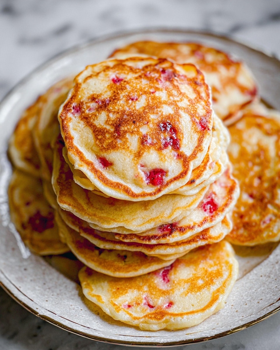 A stack of about nine golden brown pancakes with visible red berry pieces is placed on a white plate. The pancakes are round with an uneven edge and show a light, fluffy texture with some spots toasted darker than others. The berries create small red patches throughout the top layers, adding color contrast to the warm beige and tan pancake surface. The plate sits on a white marbled texture surface. photo taken with an iphone --ar 4:5 --v 7