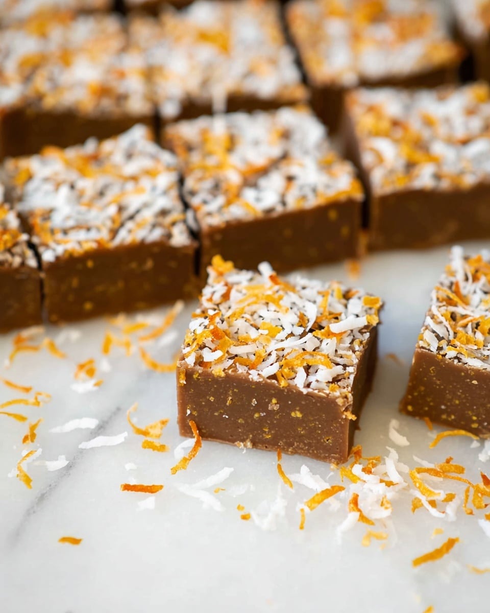 The image shows several square pieces of brown fudge arranged closely on a white marbled surface. Each piece has a smooth and dense texture with small bits visible inside, topped with a layer of white and orange shredded coconut, creating a speckled, colorful look. The fudge pieces are cut evenly, and one piece is slightly pulled away from the rest, showing its thick shape. Small bits of shredded coconut are scattered around the fudge on the surface. Photo taken with an iphone --ar 4:5 --v 7