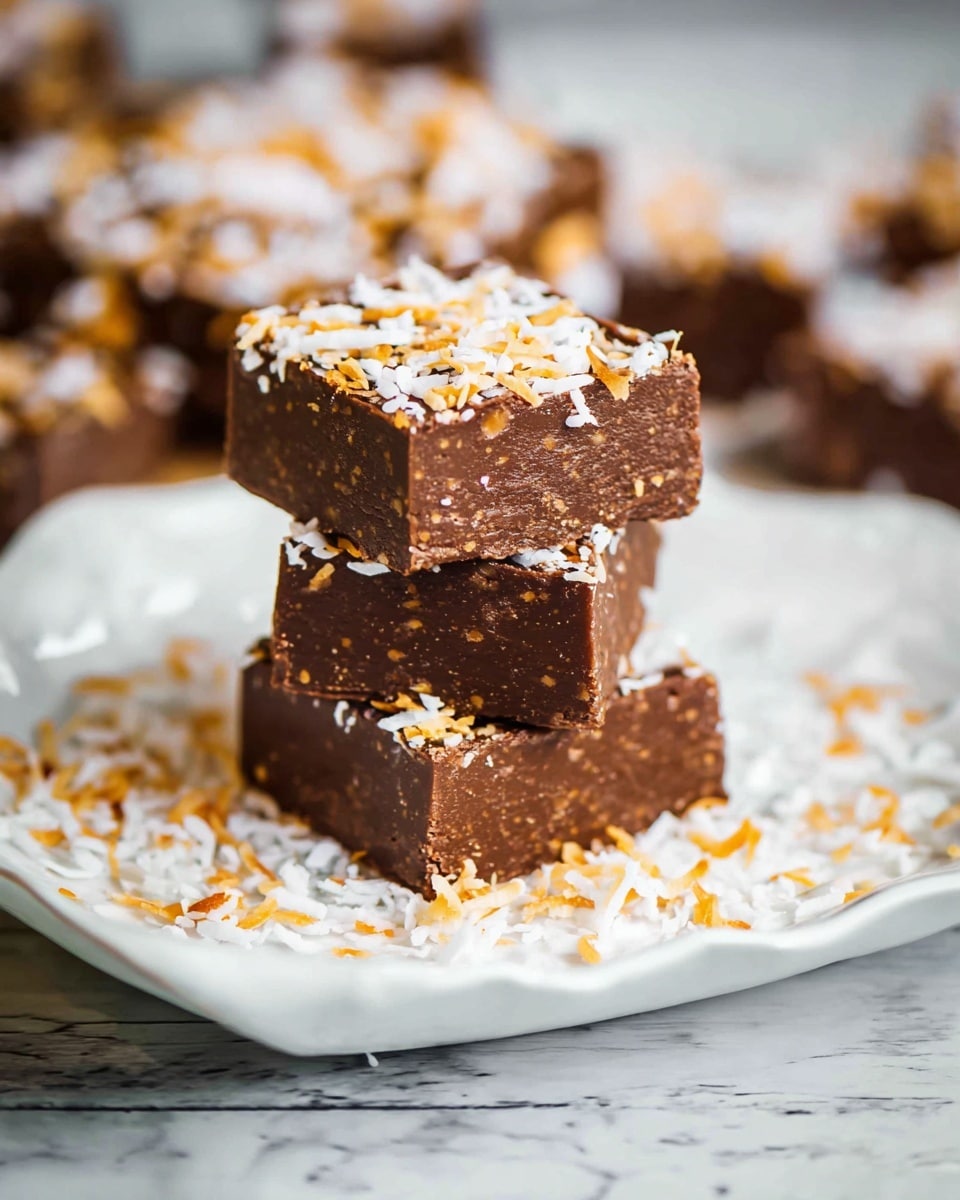 The image shows a stack of three thick, square chocolate fudge pieces with a dense, smooth texture. The fudge is dark brown and topped with a mix of white and light orange shredded coconut flakes scattered over the top layer and sprinkled around the plate. The stack is placed on a white plate with curved edges, and the background is a white marbled surface. More similar fudge pieces are blurred in the background, creating a warm and cozy feel. photo taken with an iphone --ar 4:5 --v 7