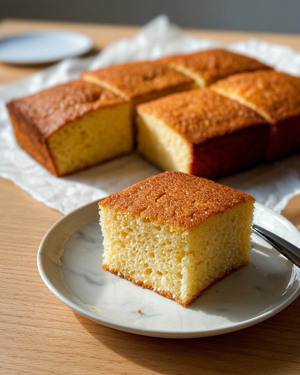 A golden brown square cake with a slightly bumpy top texture, cut into six equal pieces, sits on a white parchment paper on a light wooden surface. One piece is placed on a plain white round plate in the foreground, showing a soft and fluffy inside with small air holes. A metal fork rests on the edge of the plate, and a white marbled texture surface replaces the background. The lighting highlights the warm tones of the cake, making it look fresh and inviting. photo taken with an iphone --ar 4:5 --v 7