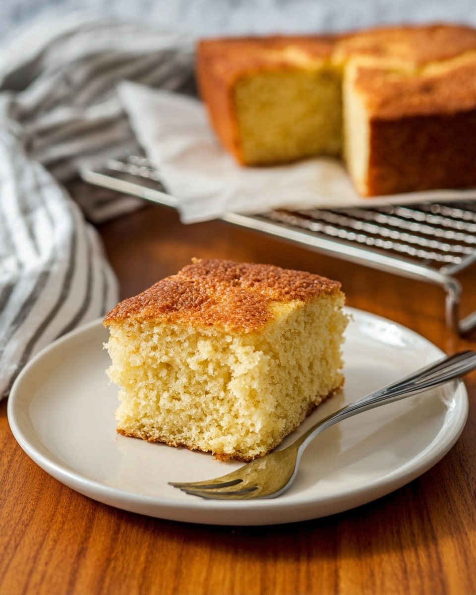 A square piece of light golden cake with a soft, crumbly texture is placed on a simple white plate with a silver fork beside it. The cake has a slightly darker, firm crust on top and around the edges. In the background, a larger square cake of the same kind with one piece removed sits on a cooling rack covered with lightly crinkled white parchment paper. The scene is set on a wooden surface with a white marbled texture in the background, and a cloth with gray stripes is blurred out behind the cake. Photo taken with an iphone --ar 4:5 --v 7