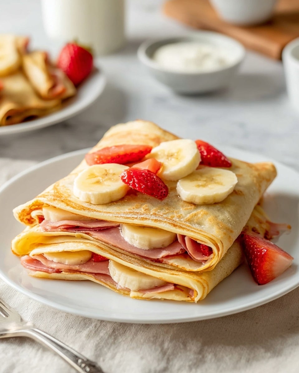 A white plate holds a stack of three folded crepes, each layer showing a golden-brown, soft texture. Inside the crepes are visible pink slices of ham and bright red strawberries peeking out. On top of the stack, there are round slices of banana and halved strawberries scattered, adding fresh yellow and red colors. The plate sits on a white marbled surface with a spoon nearby and blurred yogurt bowls and another plate of crepes in the background. photo taken with an iphone --ar 4:5 --v 7