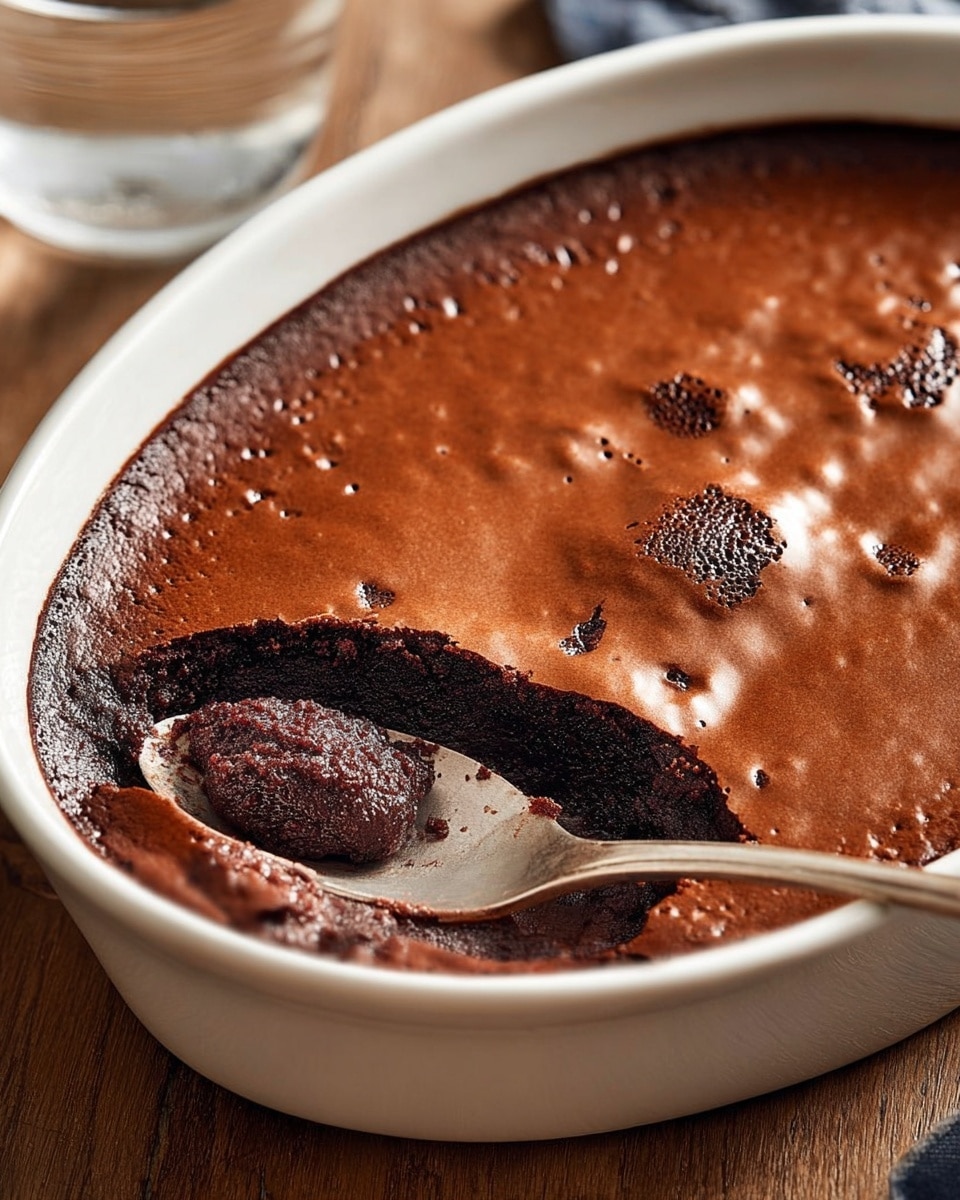 A white oval dish holds a chocolate dessert with two visible layers. The top layer is smooth and light brown with small cracks and a slightly shiny texture. The bottom layer is dark, rich, and moist with a fudgy look, slightly exposed where a spoon is scooping out part of the dessert from the right side. A silver spoon rests in the scooped-out area, showing the contrast between the soft top and the dense bottom. The dish sits on a wooden surface, with part of a clear glass of water visible in the background. photo taken with an iphone --ar 4:5 --v 7