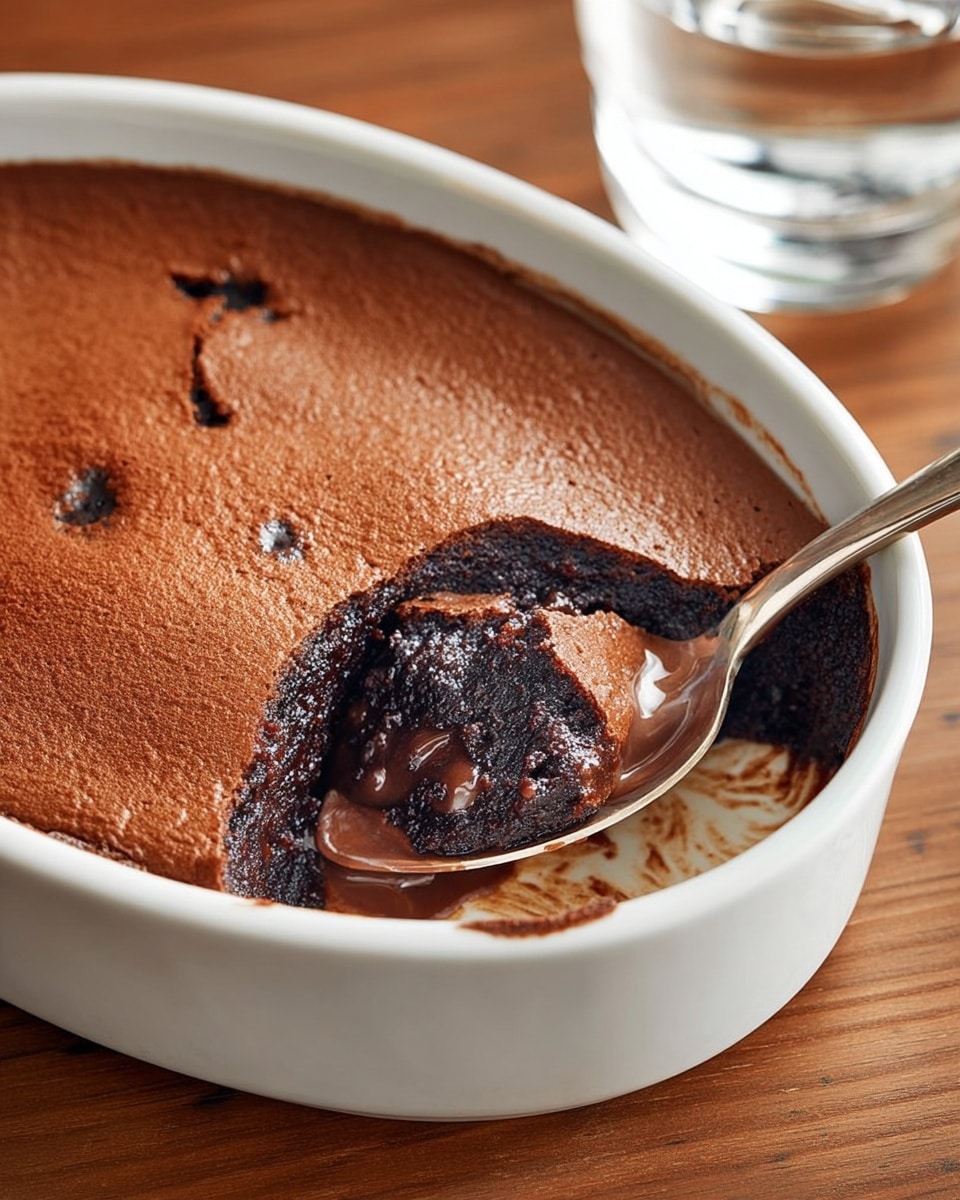 A round, flat chocolate dessert with a smooth, shiny top layer of light brown color fills a white oval dish. The top has slight cracks near the center left and a few small bubbles spread throughout. A metal spoon rests on the right side, scooping out a portion to show a thick, dark brown, moist base layer underneath. The dish sits on a wooden surface with a glass of water slightly blurred in the background. photo taken with an iphone --ar 4:5 --v 7