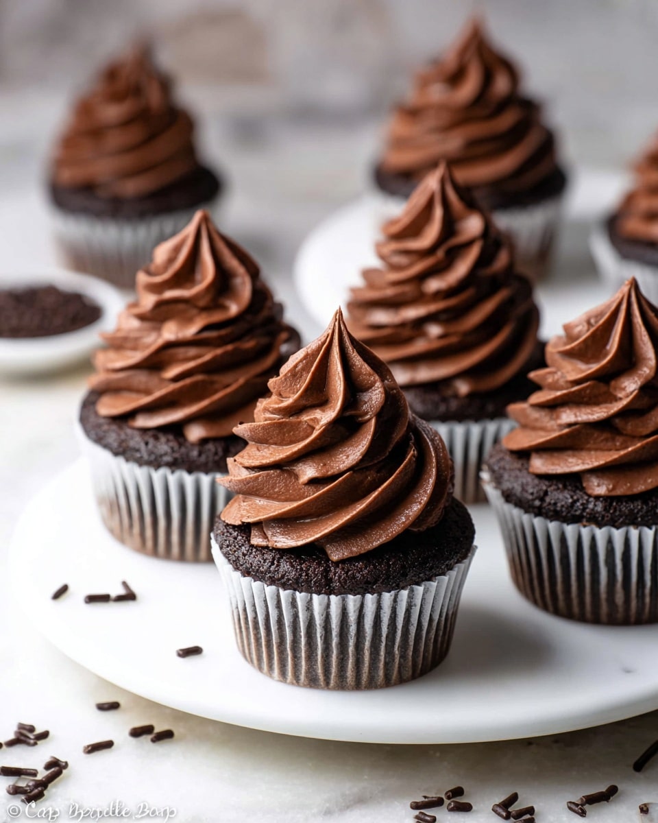 There are five small chocolate cupcakes arranged on a white plate with a white marbled texture surface. Each cupcake has one dark brown chocolate cake base in a white liner, topped with a thick, pointed swirl of smooth milk chocolate frosting. The frosting is richly textured with soft waves and folds that rise high above the cupcake base. In the background, more cupcakes and chocolate sprinkles are softly blurred, scattered around the plate and surface. The overall look is rich, dark, and creamy with a neat and elegant presentation. photo taken with an iphone --ar 4:5 --v 7