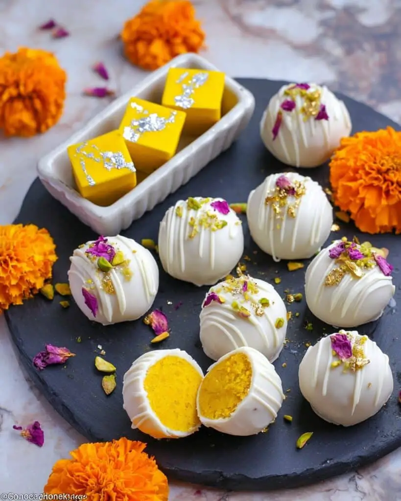 Burfi Dessert Balls with Chocolate Coating and Decorative Topping Recipe