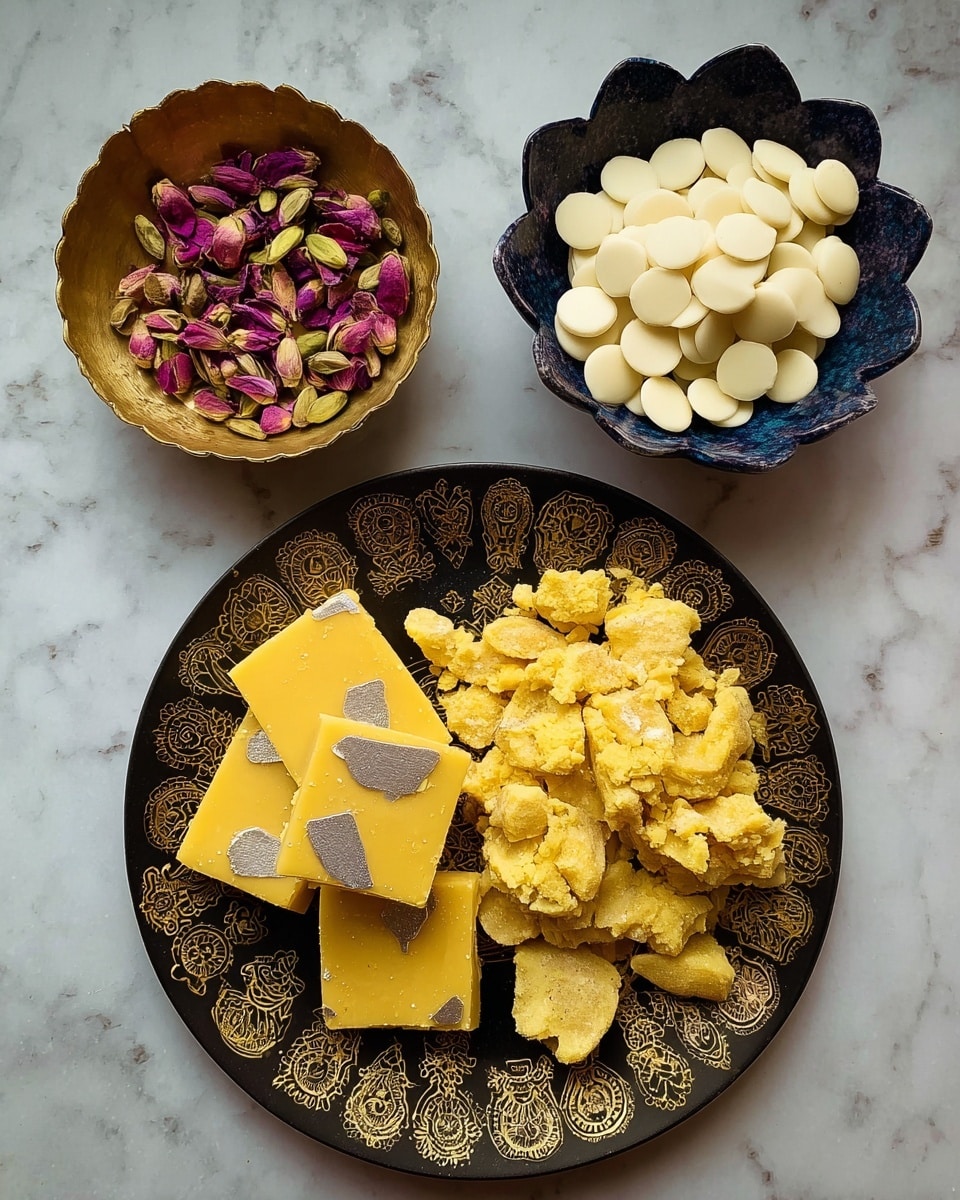 The image shows a black plate with gold patterns along the edge holding bright yellow sweets in two forms: smooth, rectangular pieces with shiny silver stripes on top and crumbly, rough chunks piled beside them. To the top left, there is a small golden bowl with dried rose petals and pistachios, and to the top right, a white bowl shaped like a flower filled with smooth, round white chocolate discs. All items are placed on a white marbled surface. photo taken with an iphone --ar 4:5 --v 7