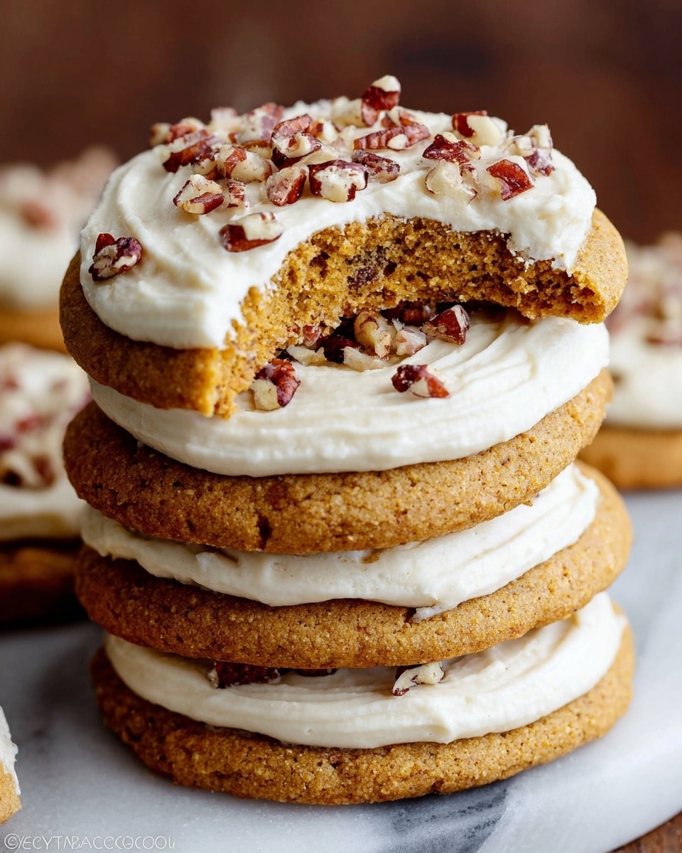 The image shows five round, light brown cookies with a soft texture, each topped with a thick layer of white cream spread in a smooth swirl. On top of the cream, small pieces of chopped nuts are scattered, adding texture and a hint of darker brown. The cookies are placed close to each other on a wooden surface. photo taken with an iphone --ar 4:5 --v 7