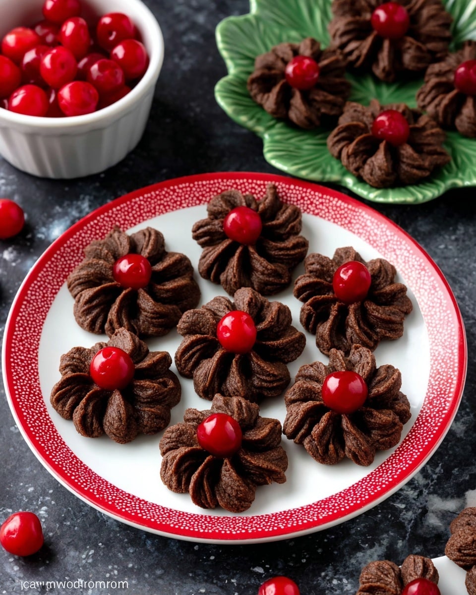 The image shows seven dark brown, flower-shaped cookies with a soft textured swirl pattern arranged on a white plate with a red dotted border. Each cookie is topped with a shiny and bright red cherry placed at the center. Around the plate, there are clusters of glossy red cherries, a white bowl filled with cherries, and a green leaf-shaped plate holding similar cookies with cherries, set on a dark white marbled surface that contrasts with the bright colors of the food. Photo taken with an iphone --ar 4:5 --v 7
