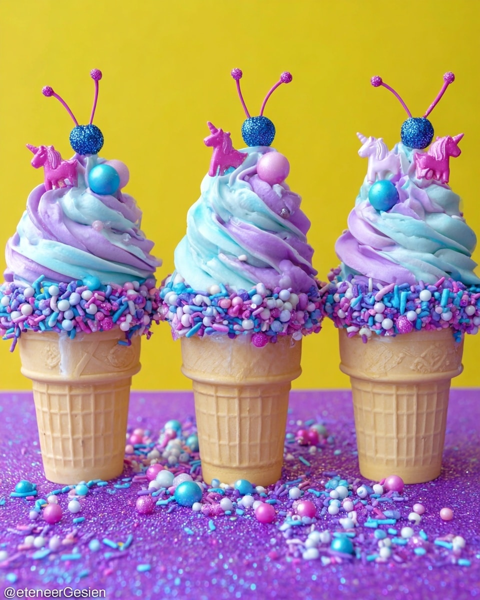 Three ice cream cones stand side by side on a sparkly purple surface with scattered colorful sprinkles. Each cone holds a swirl of frosting in lavender and light blue shades, topped with a glittery blue cherry stem and small pink unicorn-shaped candy figures. Around the base of the frosting, there is a mix of blue, pink, white, and purple round and rod sprinkles that cling to the top edge of the cones. The background is bright yellow, creating a bold contrast with the pastel colors of the ice cream cones. photo taken with an iphone --ar 4:5 --v 7
