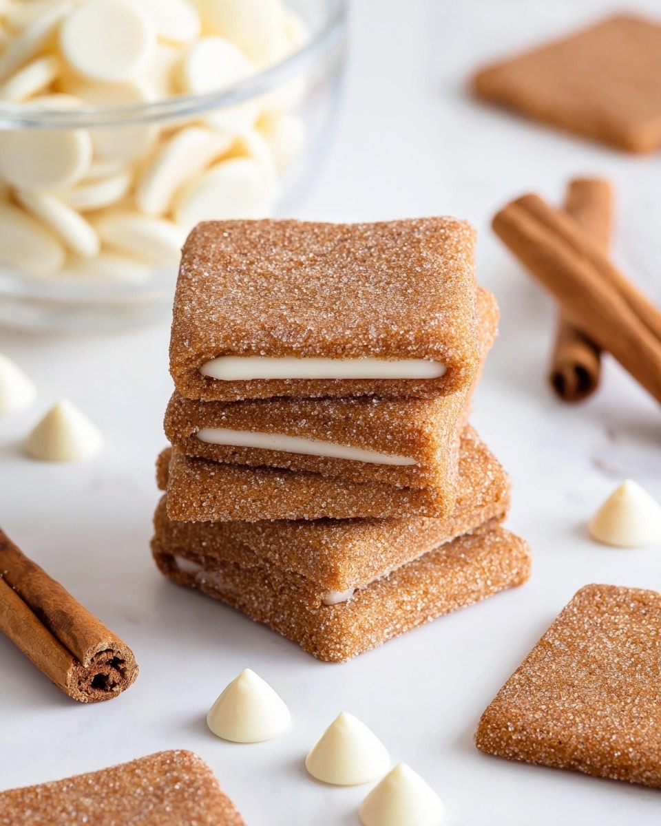 A stack of five square brown cookies coated with sugar crystals is placed on a white marbled surface, showing their rough texture. The three middle cookies in the stack have a thin creamy white layer between them, making the stack look layered and neat. Around the stack, there are a few cinnamon sticks on the left and right sides, and several small, shiny white chocolate discs scattered near the front and sides. In the background, a clear glass bowl is filled with more white chocolate discs, placed on the same white marbled surface. The overall scene is bright and clean, highlighting the warm colors and textures of the cookies and spices. photo taken with an iphone --ar 4:5 --v 7