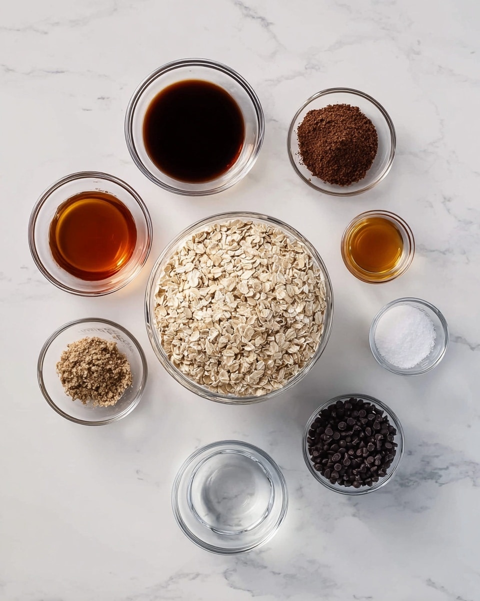 Seven clear glass bowls are arranged on a white marbled surface. The largest bowl in the middle holds light beige rolled oats with a coarse texture. Surrounding it, clockwise from top: a small bowl with dark brown cocoa powder; a medium bowl with dark amber liquid; a tiny bowl with light brown vanilla extract; a tiny bowl with white salt; a small bowl with light brown soft sugar; a small bowl with clear water; and a medium bowl with small black chocolate chips photo taken with an iphone --ar 4:5 --v 7