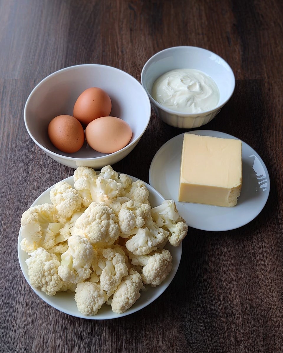 The image shows four white dishes placed on a dark wooden surface. The largest white plate is full of many small pieces of light cream-colored cauliflower with soft, bumpy textures. To the left, a medium white bowl holds three brown eggs that have a smooth, shiny surface. Above the cauliflower plate, a small white bowl contains a dollop of smooth, white cream or yogurt. On the right side, a medium white plate holds a solid square block of pale yellow cheese with a smooth surface and a few small holes. The photo taken with an iphone --ar 4:5 --v 7