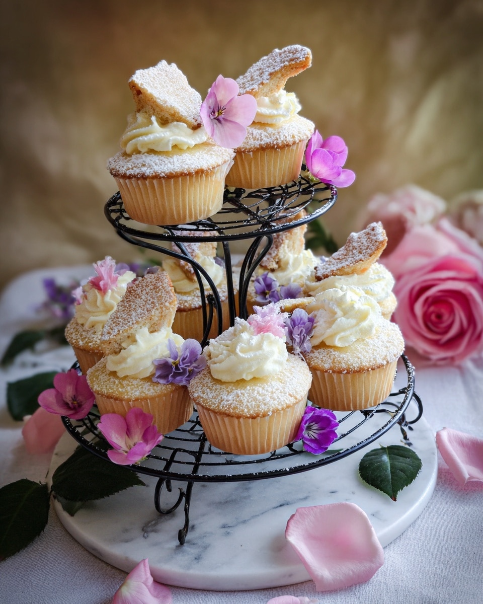 This image shows a black metal cupcake stand holding two layers of light beige cupcakes with white cream swirls on top. Each cupcake has a broken piece of light sponge cake dusted with powdered sugar placed upright in the cream. Bright pink and small purple flowers are arranged around the cupcakes on both layers, adding color. The stand is set on a white marbled surface which has a pink rose bloom and green rose leaves laid nearby. The background is blurred with soft, warm tones. photo taken with an iphone --ar 4:5 --v 7