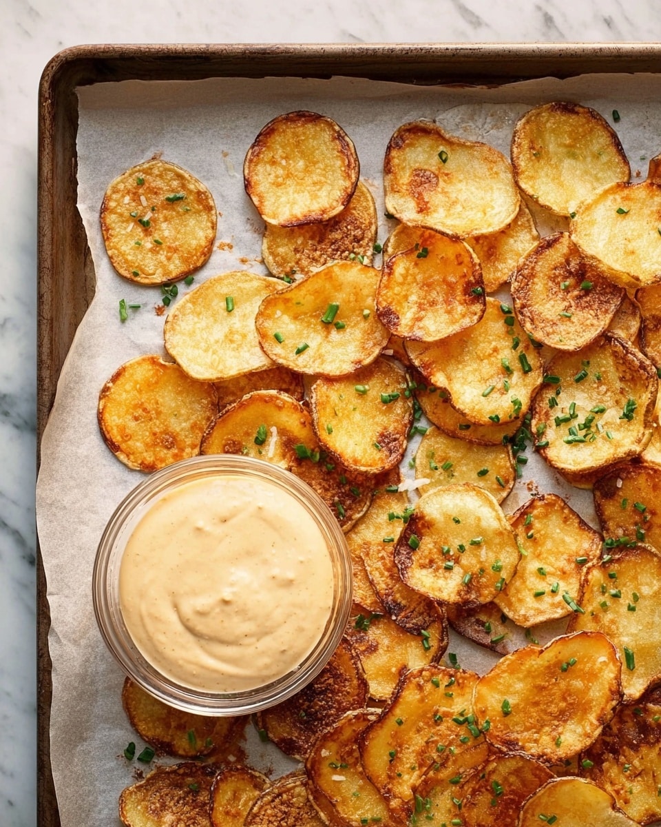 The image shows a baking tray lined with parchment paper holding many round, thin potato chips that are golden brown around the edges with some darker crisp spots. The potato chips are scattered unevenly with small green herb pieces sprinkled over them. On the right side of the tray, there is a clear glass bowl filled with a thick, light beige dipping sauce. The tray rests on a white marbled surface. photo taken with an iphone --ar 4:5 --v 7