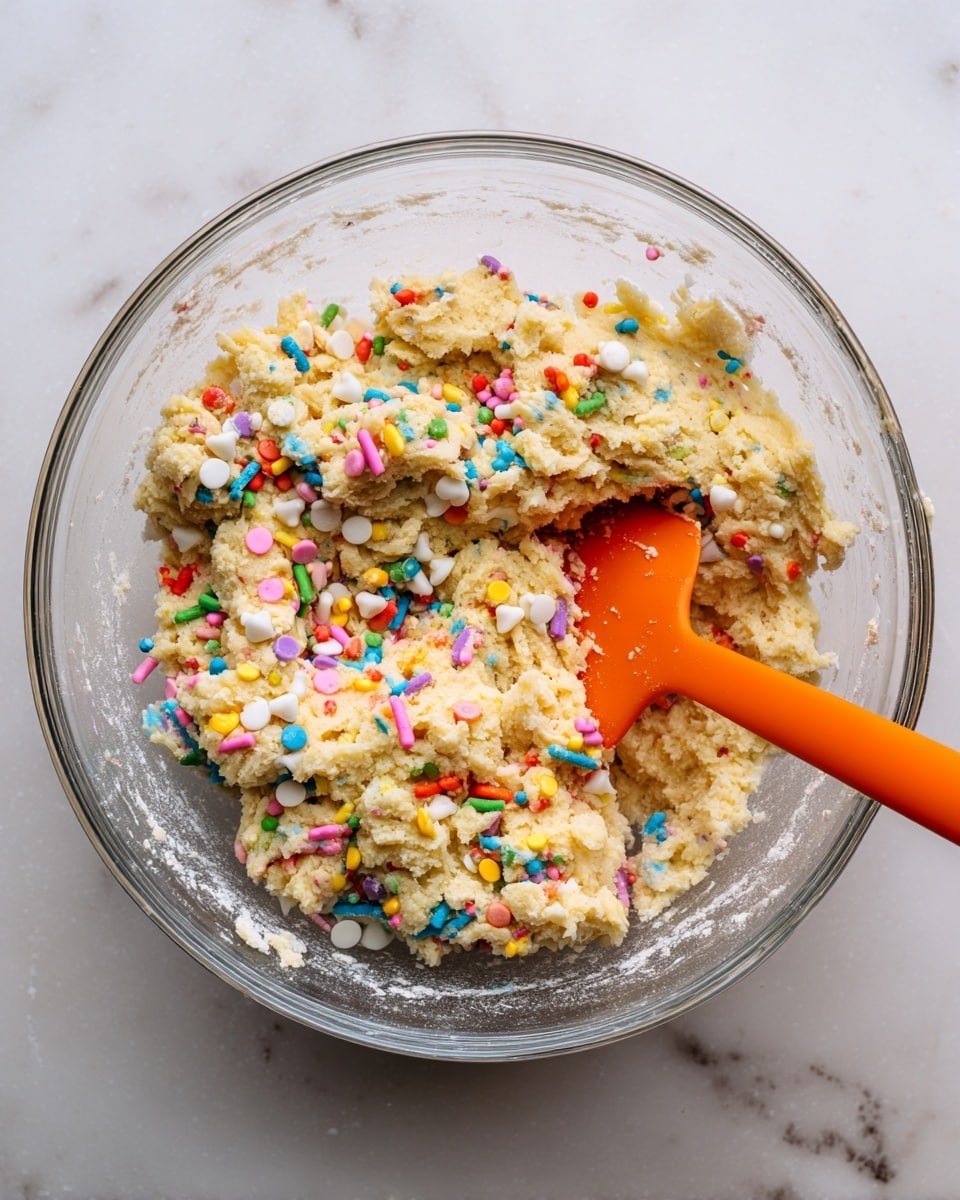 Inside a large clear glass bowl, there is thick pale yellow cookie dough mixed with colorful round and long rainbow sprinkles and white chocolate chips scattered on top. The dough has a slightly rough texture with some white flour dusted around the sides of the bowl. An orange spatula is partially dug into the dough, resting on the right side of the bowl. The bowl sits on a white marbled surface. Photo taken with an iphone --ar 4:5 --v 7