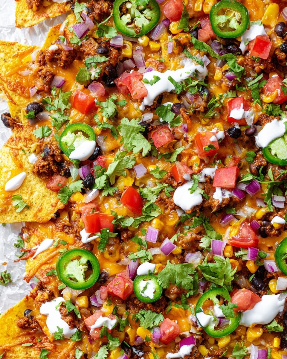This image shows a close-up top view of loaded nachos on a white marbled surface. The bottom layer is a bed of golden-yellow crispy tortilla chips. On top of the chips, there is melted orange-yellow cheese and brown seasoned meat mixed with black beans and yellow corn kernels. Bright red diced tomatoes and small purple onion pieces are scattered evenly over the nachos. Thin green slices of jalapeño peppers and fresh green cilantro leaves are spread across the dish. White sour cream is drizzled in thin lines and small dollops on the whole plate, adding a creamy texture and color contrast. The overall look is colorful and fresh with a mix of textures. Photo taken with an iphone --ar 4:5 --v 7