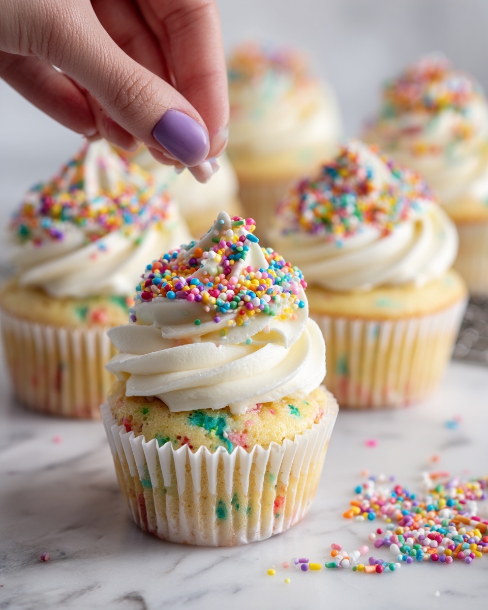 Funfetti Cupcakes with Vanilla Buttercream Frosting Recipe 5 A close-up of six cupcakes in white paper liners arranged in two rows on a white marbled surface with a metal grid. Each cupcake has a base layer of light yellow cake with small colorful confetti bits inside. On top of the cake is a thick white frosting layer swirled in a spiral shape. The frosting edges are decorated with a ring of mixed colorful round and rod sprinkles. A woman's hand with purple nail polish is seen adding more sprinkles to one cupcake. More scattered sprinkles are visible on the surface around the cupcakes. Photo taken with an iphone --ar 4:5 --v 7
