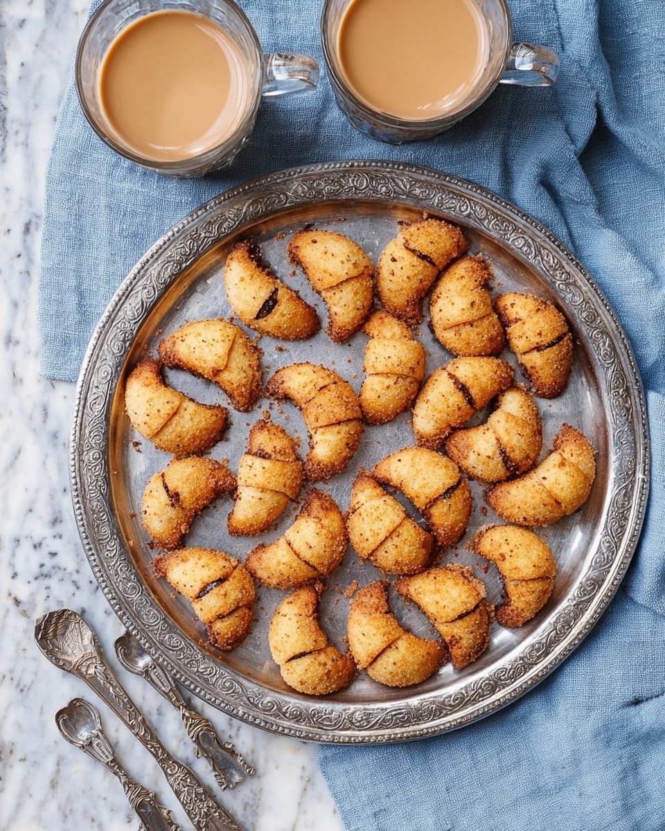 A silver round tray holds two rows of golden brown, small crescent-shaped cookies with visible dark specks, showing a crispy, slightly textured surface. The cookies are spread evenly across the tray, with some edges darker and a little browned. Around the tray, there are two clear glass cups filled with light brown coffee topped with foamy milk. A vintage silver utensil with intricate handles rests on top of a soft, crumpled blue cloth on the side. All items are placed on a white marbled surface with faint gray patterns. photo taken with an iphone --ar 4:5 --v 7