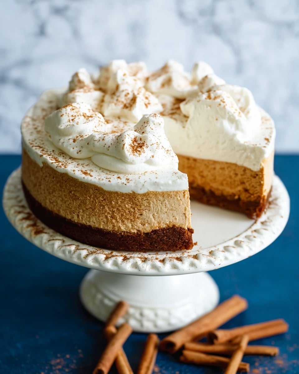 A cake with three layers sits on a white cake stand with a decorative edge. The bottom layer is a thick, dark brown crust that looks firm. The middle layer is a light brown, smooth, and creamy filling. The top layer is thick white whipped cream spread unevenly with small peaks and sprinkled lightly with brown powder, likely cinnamon. One slice is removed, showing the cake's layers clearly. The scene has cinnamon sticks scattered on a blue surface beneath the cake stand, while the background is a white marbled texture. Photo taken with an iphone --ar 4:5 --v 7