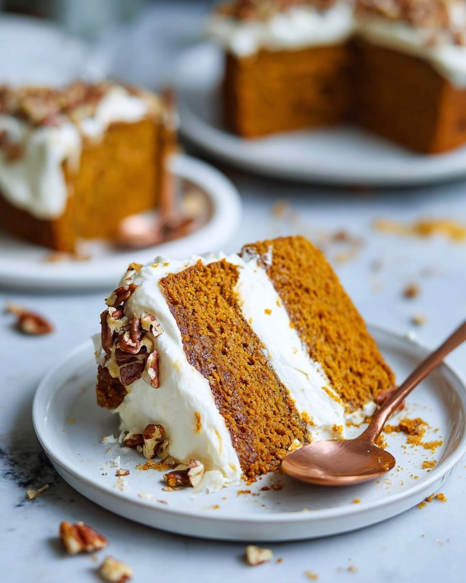 A slice of pumpkin cake sits on a white plate, showing two layers: the top layer is a moist orange-brown cake with a spongy texture, and the middle layer is thick white cream studded with pecan pieces, some cream and pecans spilling slightly over the edge. A copper spoon with cake and cream rests next to the slice, with crumbs scattered around the plate. The background shows blurred white plates with similar cake slices on a white marbled surface. Photo taken with an iphone --ar 4:5 --v 7