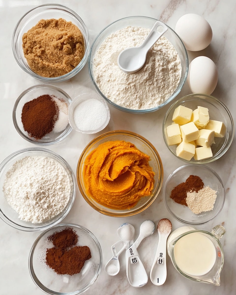 The image shows various baking ingredients placed on a white marbled surface. There are ten clear glass bowls with different ingredients: one with packed brown sugar, one with a large white flour pile with a white measuring cup inside, one filled with bright orange pumpkin puree, one with white powdered sugar, one with dark brown cocoa powder, one with fine brown spice, one with white baking powder, one with dark ground coffee, one with white salt, and one with light yellow cubed butter. Additionally, an untreated white egg and white measuring spoons marked with