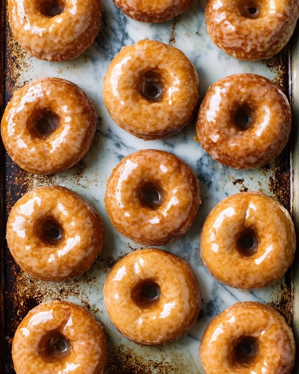 The image shows twelve golden-brown donuts covered in a shiny, smooth glaze sitting close together on a well-used, rustic metal baking tray with dark spots and scratches. The donuts are arranged in a loose grid with some space between them, and their round shapes and glossy surface reflect light softly. The background is a white marbled texture. photo taken with an iphone --ar 4:5 --v 7