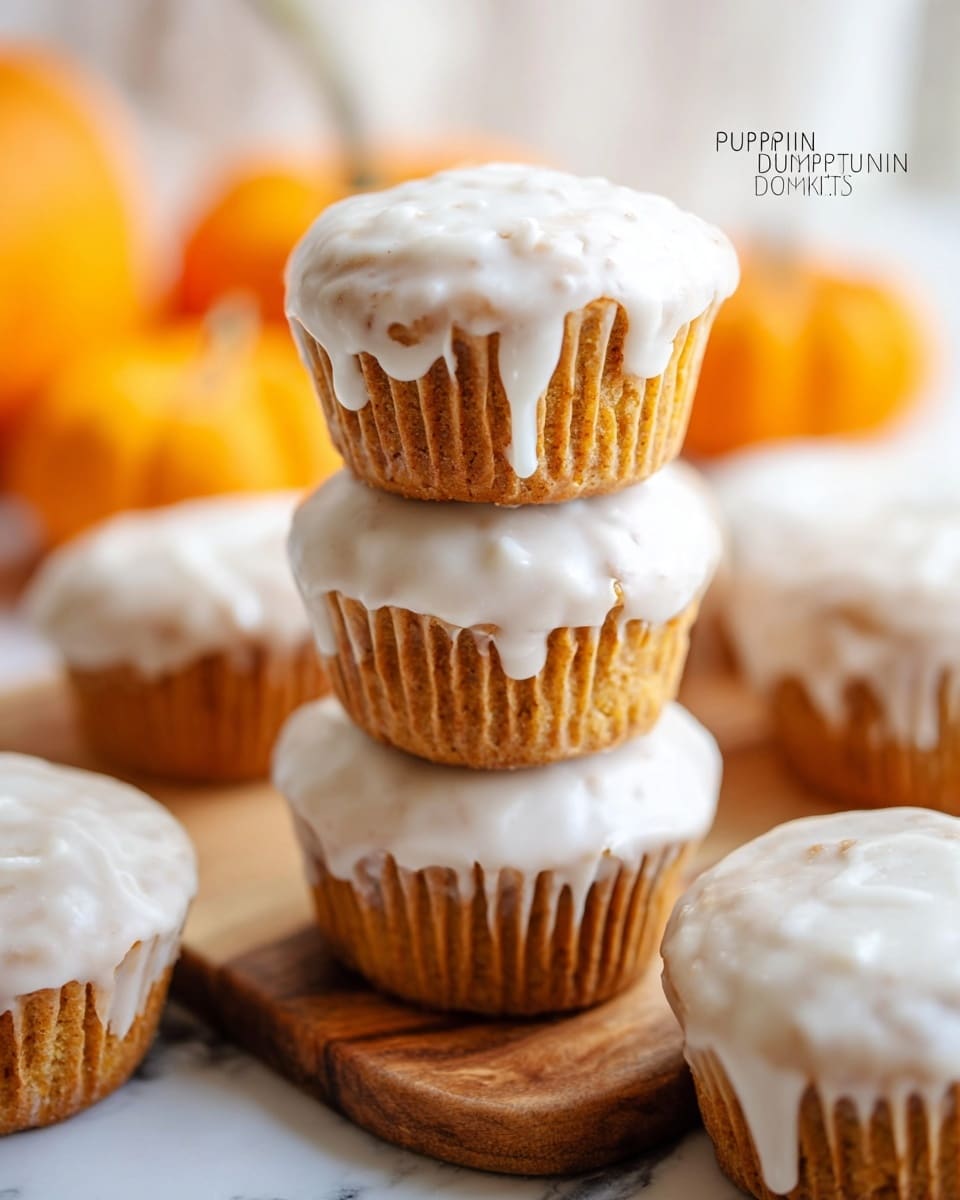 A stack of three pumpkin doughnut muffins is shown in the center, each muffin in a white paper liner with a thick, smooth white glaze that slightly drips down the sides. The muffins have a soft orange-brown color visible under the glaze. Around the stack, there are more muffins with the same appearance placed on a wooden board. In the blurry background, small orange pumpkins add a warm autumn feel. The whole scene is set on a white marbled surface with soft natural lighting. Photo taken with an iphone --ar 4:5 --v 7