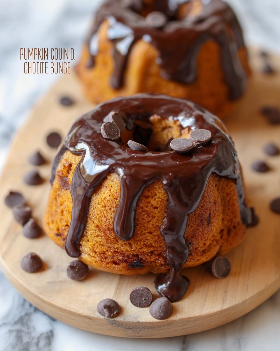Two small bundt cakes with a warm orange-brown pumpkin color sit on a light wooden board. Each cake has a smooth, shiny, dark chocolate rum glaze dripping down from the top edge in thick, glossy layers. Around the cakes are scattered round chocolate chips with a slightly duller brown shade. The background shows a white marbled surface. photo taken with an iphone --ar 4:5 --v 7