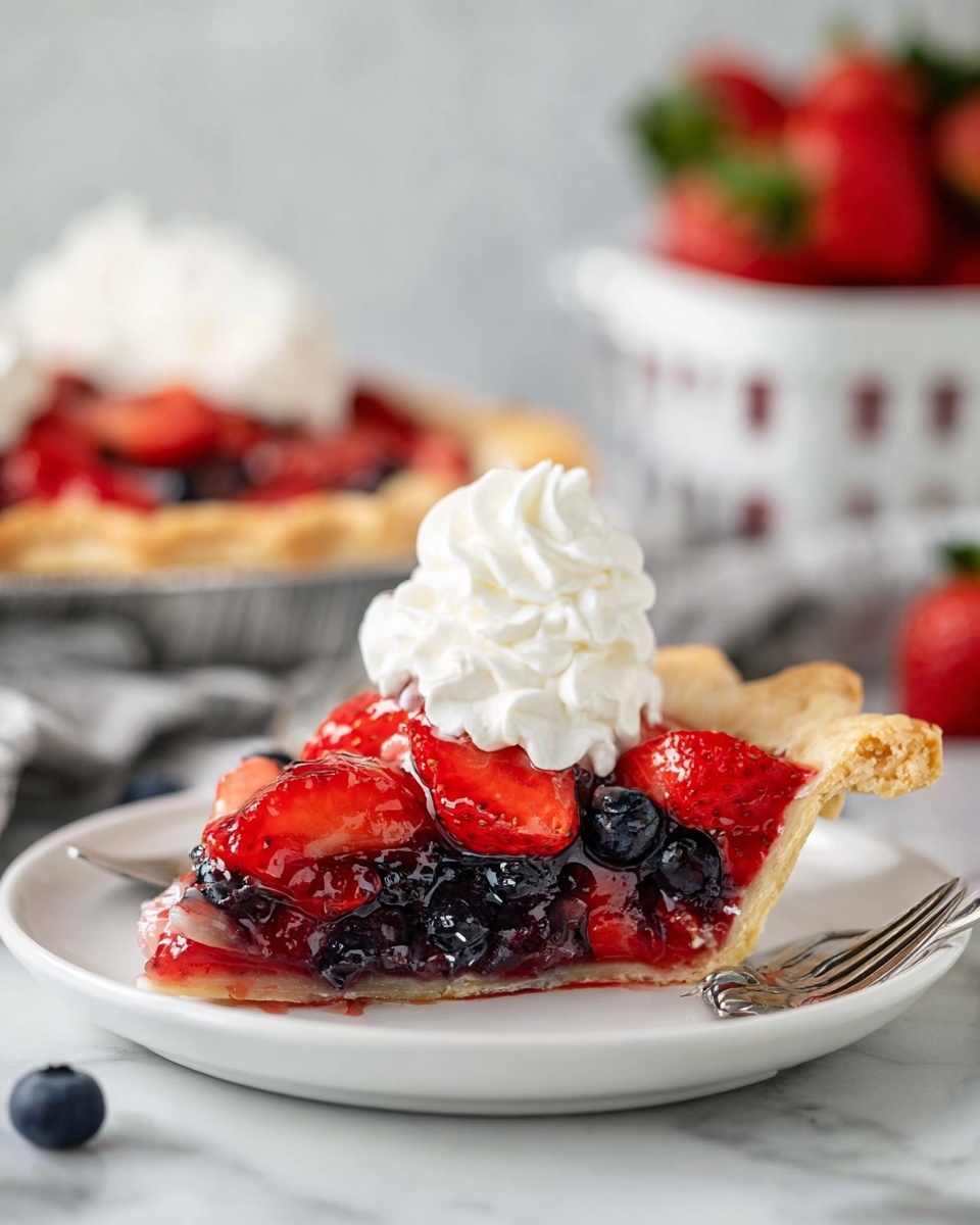 Blueberry Strawberry Pie Recipe 5 A slice of pie sits on a white plate showing three layers: a light golden flaky crust at the bottom, a shiny mixed berry filling of red strawberries and dark blueberries in the middle, and a swirl of white whipped cream on top. The berries look fresh and juicy with a glossy texture. In the background, there is a white basket with red strawberries and a full pie with berries on top, all set on a white marbled surface. A small fork rests on the plate edge, and a single blueberry is on the surface nearby. photo taken with an iphone --ar 4:5 --v 7