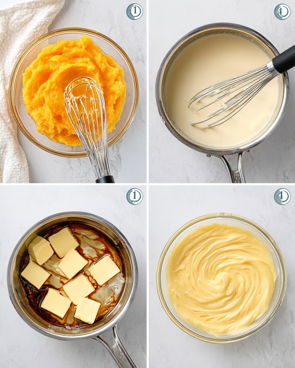 Easy Boston Cream Pie (Using Cake Mix) Recipe 4 The image is split into four parts, each showing a step in making a creamy yellow mixture. In the top left, there is a clear glass bowl containing a bright orange mashed texture with a metal whisk resting inside, placed on a white marbled surface with a white cloth nearby. The top right shows a metal saucepan filled with a pale cream liquid being stirred with a black whisk, also on the white marbled surface with the edge of a white cloth visible. The bottom left part has the same metal saucepan now holding a thick yellow mixture with several squares of light yellow butter and drizzled dark brown vanilla, and a black whisk inside. The bottom right shows another clear glass bowl filled with a smooth, light yellow creamy mixture with soft swirls, resting on the same white marbled surface with the white cloth edge visible. photo taken with an iphone --ar 4:5 --v 7
