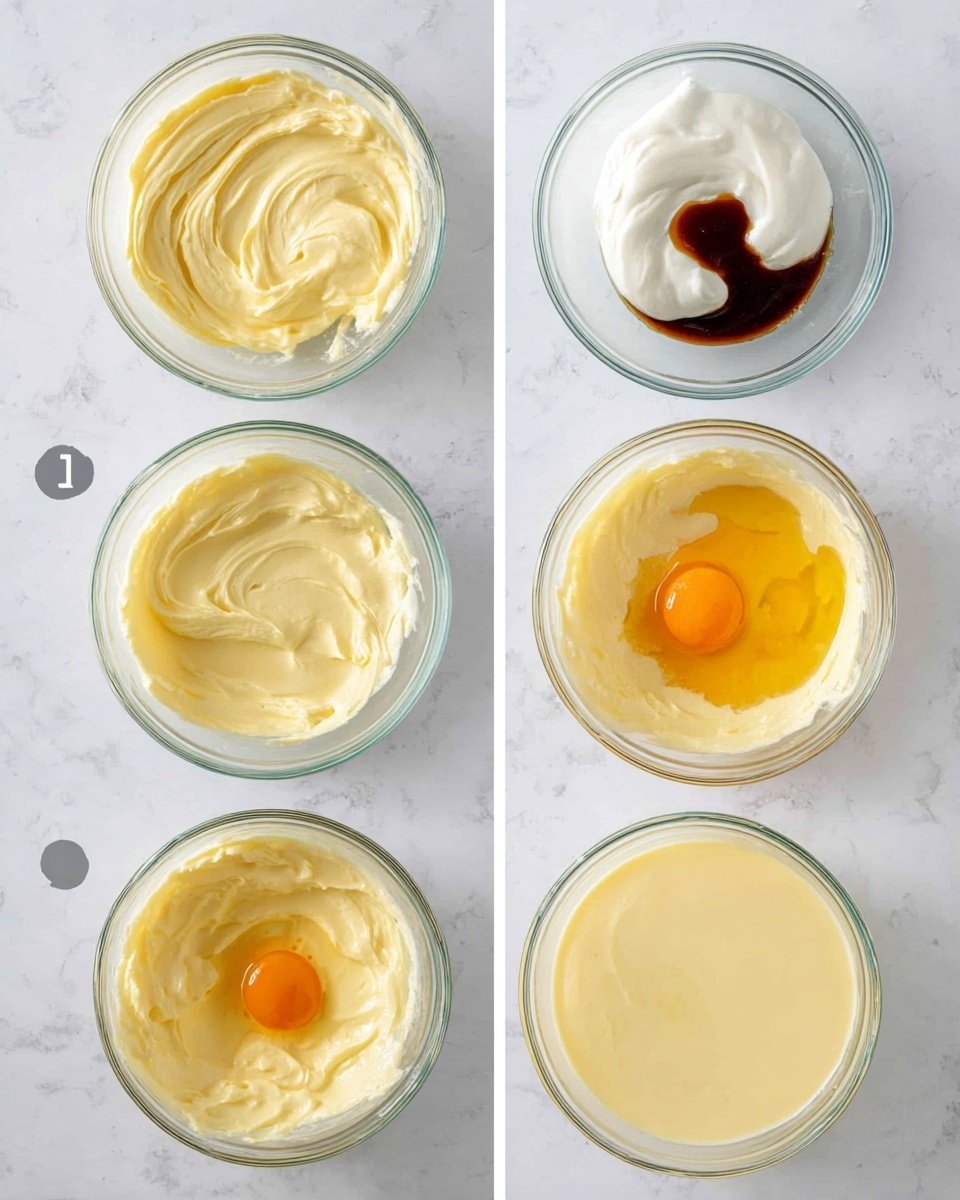 The image shows four steps of making a creamy mixture in a clear glass bowl placed on a white marbled surface. The first layer is thick and smooth pale yellow cream evenly spread in the bowl. The second layer has the same pale yellow cream with a dollop of white cream and dark brown vanilla extract added on top. The third layer adds a bright orange egg yolk and some more white cream on the pale yellow cream base. The final layer shows the mixture fully blended into a smooth, light creamy yellow liquid. Photo taken with an iphone --ar 4:5 --v 7
