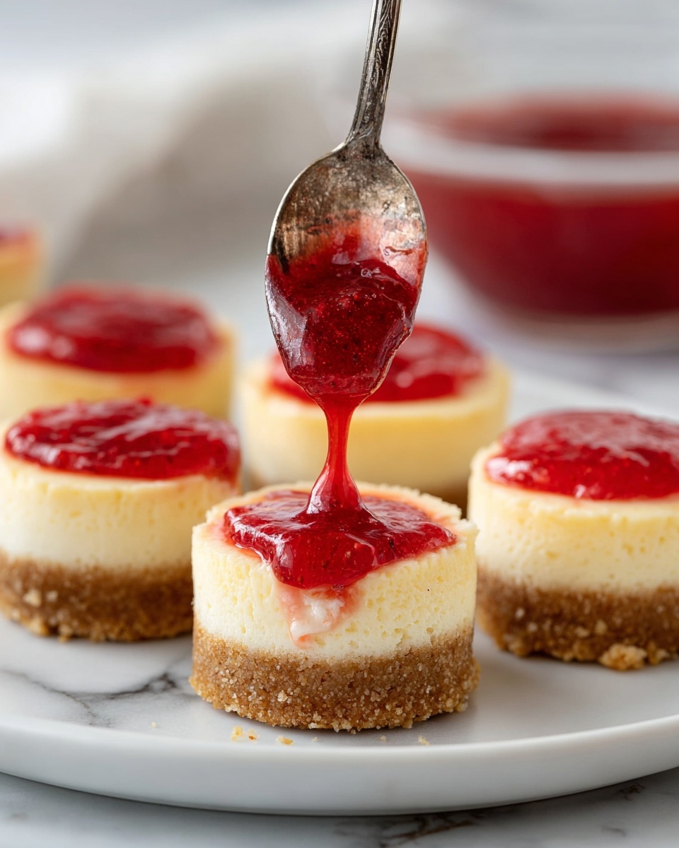 The image shows small round cheesecakes on a white plate placed on a white marbled surface. Each cheesecake has three clear layers: the bottom is a rough textured light brown crust, the middle is a smooth and creamy pale yellow cheesecake layer, and the top is a bright red, glossy strawberry jam filling. A spoon covered with thick red jam is pouring jam onto one cheesecake in the front center, with the jam slightly dripping. In the blurred background, there is a clear glass bowl filled with the same red jam. Photo taken with an iphone --ar 4:5 --v 7