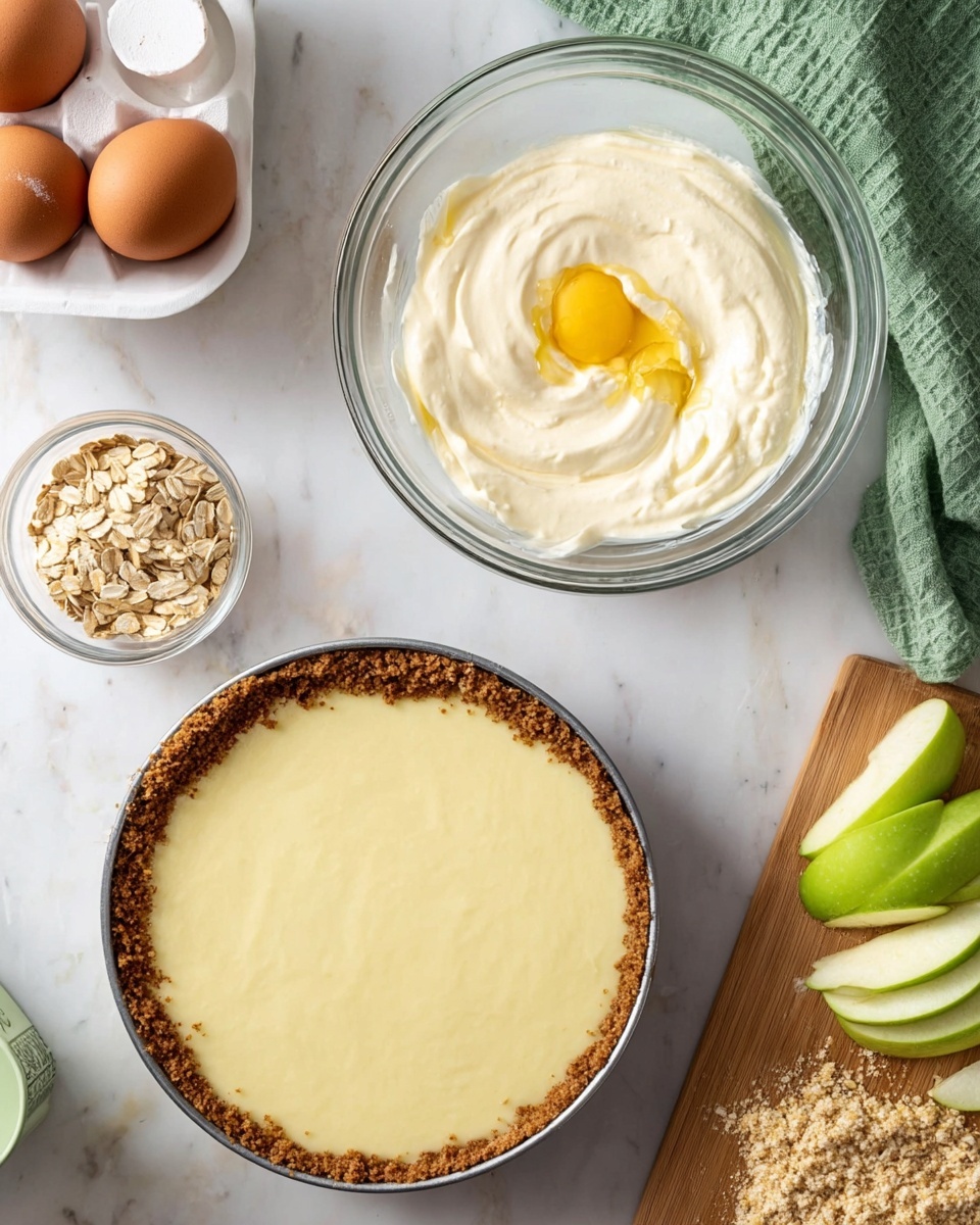 The first part of the image shows a clear glass bowl filled with a smooth, light cream mixture with an egg yolk on top, placed on a white marbled surface. Next to it, there are three brown eggs in a white egg holder, a small clear bowl with oats, and part of a green cloth. The second part shows a round springform pan filled with a pale yellow smooth batter on a browned crust. Above the pan, there is a white bowl with crumbly oat mixture and a wooden board with thinly sliced green apple pieces, all set on the same white marbled surface with the green cloth partially visible. Photo taken with an iphone --ar 4:5 --v 7