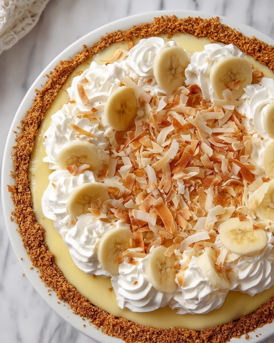 A round pie with a thick golden brown crumb crust, filled with a smooth pale yellow banana cream layer, topped evenly with swirls of white whipped cream. On top of the whipped cream, there are thin banana slices and toasted shredded coconut scattered all over. The pie sits on a white plate with a white marbled background visible beneath. Photo taken with an iphone --ar 4:5 --v 7