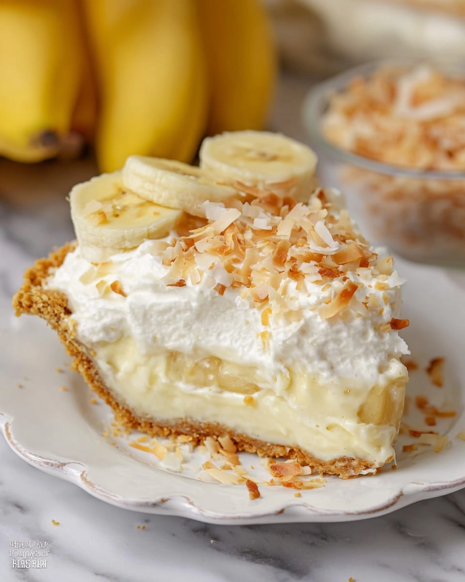 A slice of creamy banana pie is shown on a white plate with a scalloped edge. The bottom layer is a light brown, crumbly crust. Above that is a thick, pale yellow banana filling mixed with banana slices. On top is a fluffy white whipped cream layer decorated with toasted coconut flakes and fresh banana slices. In the background, there are whole bananas and a bowl of toasted coconut on a white marbled surface. photo taken with an iphone --ar 4:5 --v 7