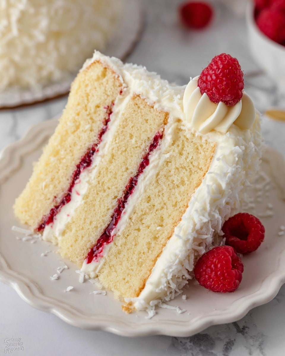 A slice of three-layer light yellow cake with smooth white frosting between each layer and two thin layers of red raspberry jam inside. The outside is covered with white frosting and sprinkled with white coconut flakes. The cake slice is on a white scalloped plate, with a swirl of white frosting topped with a fresh red raspberry on the side. There are also a few fresh raspberries placed on the white marbled surface near the plate. Photo taken with an iphone --ar 4:5 --v 7