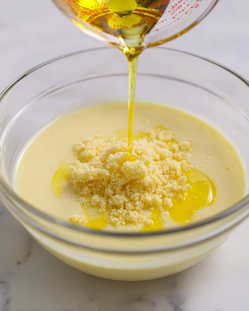 A clear glass bowl rests on a white marbled surface, holding a creamy, light yellow mixture that fills about half of its depth. In the center, there is a slightly rough textured pile of finely minced or mashed pale yellow ingredient, surrounded by the smooth liquid base. Bright golden yellow oil is being poured in a thin stream from a transparent measuring cup above, landing directly on the minced pile, causing subtle ripples in the mix. The bowl’s transparent sides show the contrast between the creamy base and the minced portion. photo taken with an iphone --ar 4:5 --v 7