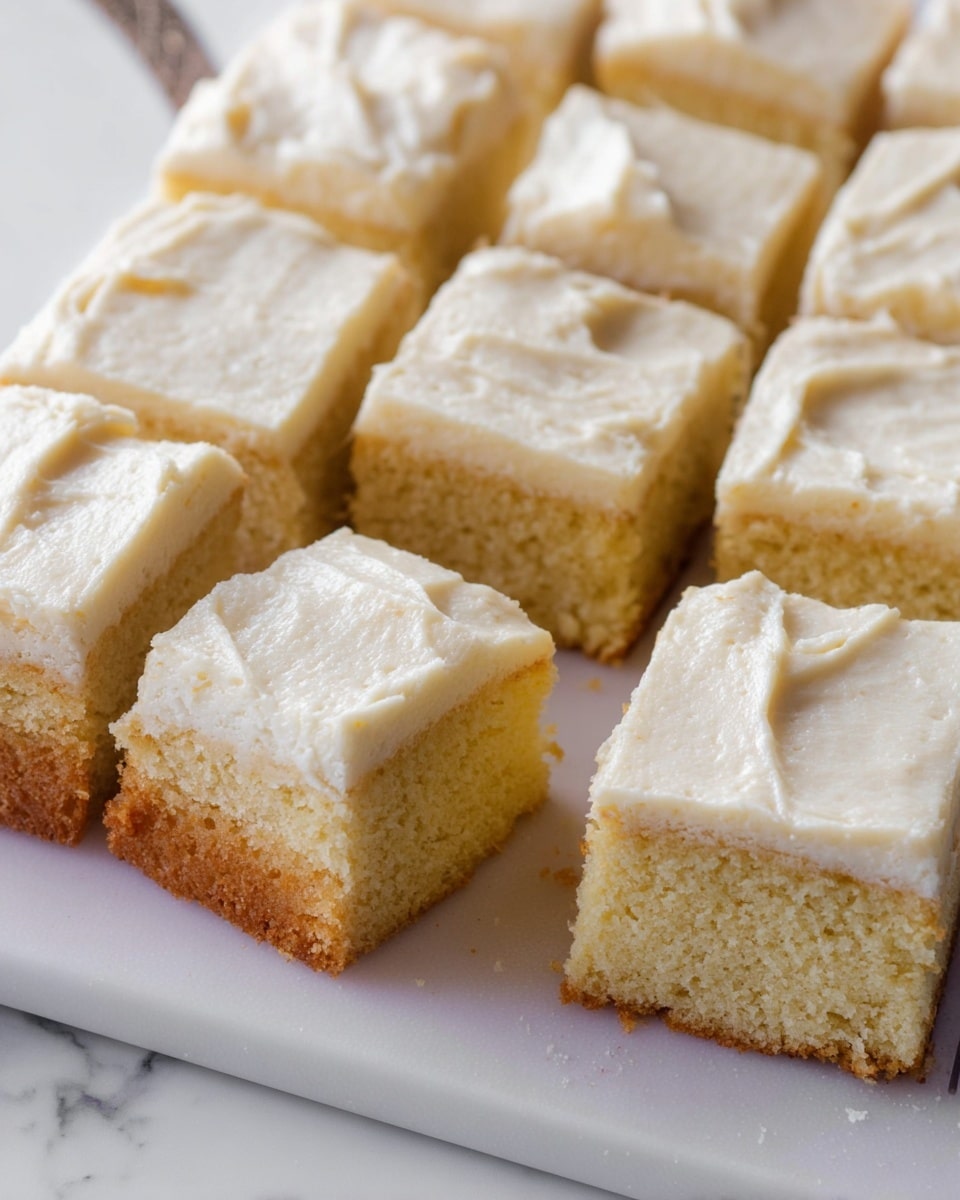 This image shows a close-up view of several square pieces of cake with two layers; the bottom layer is a light golden brown cake with a soft and slightly crumbly texture, and the top layer is a thick, creamy off-white frosting with a smooth but slightly swirled finish. The squares are neatly arranged in rows on a white tray placed on a white marbled surface. One piece near the center is slightly pulled out to show the inside texture of the cake layer beneath the frosting. photo taken with an iphone --ar 4:5 --v 7
