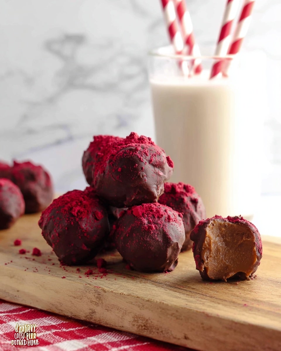 The image shows a group of round chocolate truffles with a rough, uneven dark brown chocolate coating sprinkled with bright red powder on top. The truffles are stacked in the center on a light wooden board, with one truffle to the side that has a bite taken out, revealing a smooth, creamy light brown interior. In the background, there is a tall, clear glass filled nearly to the top with white milk and two red-and-white striped straws. The surface underneath the wooden board has a white marbled texture with a red and white checkered cloth partially visible at the base. Photo taken with an iphone --ar 4:5 --v 7